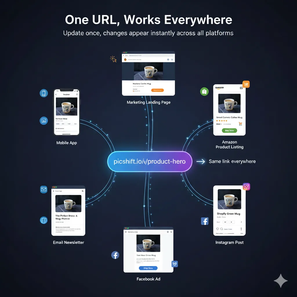 One URL works everywhere - Picshift connects to all platforms